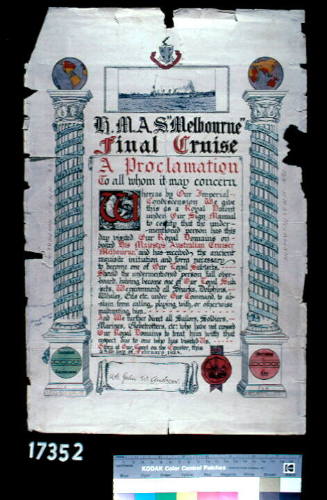 Crossing the line certificate, the final cruise of HMAS MELBOURNE (I), issued to Able Seaman John Walter Andrews on 28 February 1928