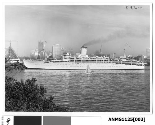 P&O passenger liner SS CHUSAN, outward bound, about to pass Bennelong Point. The internal ribs of the ‘sails ‘on the Sydney Opera House are clearly shown.