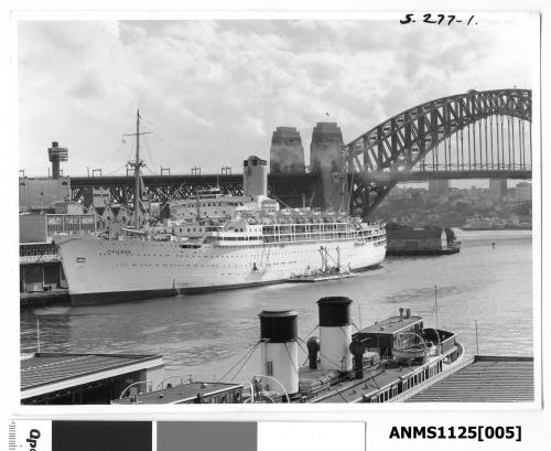 P&O CHUSAN moored starboard side to wharf at Circular Quay International Terminal.