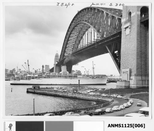 P&O liner CHUSAN arriving in Sydney and about to pass under the Sydney Harbour Bridge.