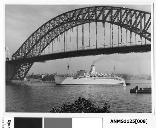 P&O passenger liner SS CHUSAN arriving in Sydney and about to pass under the Sydney Harbour Bridge.