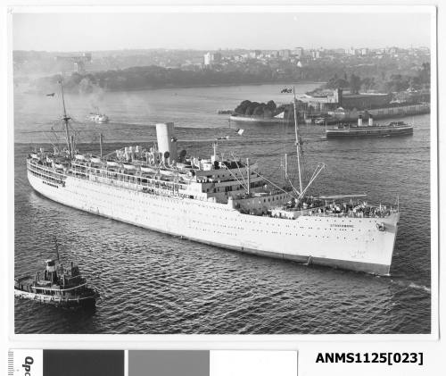 P&O passenger liner STRATHMORE arriving in Sydney and passing Bennelong Point with the Fort Macquarie tram depot in view.