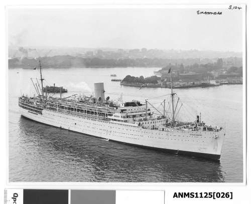 P&O passenger liner STRATHMORE passing Bennelong Point just prior to arrival in Sydney with the Fort Macquarie Tram Depot clearly shown.