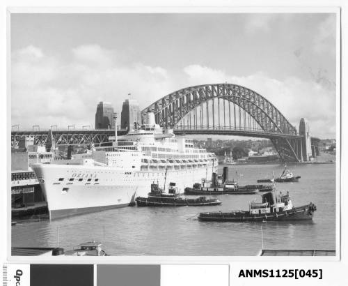 ORIANA, a twin funnel P&O passenger liner, being berthed at the International Terminal Circular Quay with assistance from several tugboats including SYDNEY COVE.