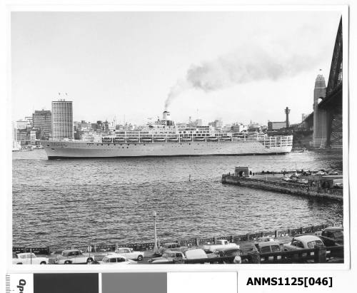 ORIANA, a twin funnel P&O passenger liner, outward bound passing Sydney Cove.