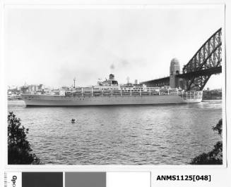 ORIANA, a twin funnel P&O passenger liner, having just passed under the Sydney Harbour Bridge is departing Sydney Cove.