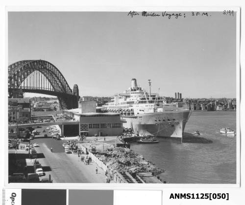 ORIANA, a twin funnel P&O passenger liner, moored starboard to wharf at Circular Quay