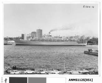 ORIANA, a P&O liner, outward bound passing Sydney Cove with a tugboat off her starboard bow.