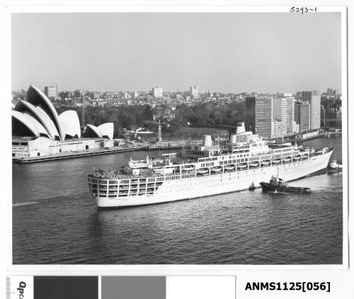 P&O liner ORIANA departing Circular Quay with two tugboats assisting and the nearly complete Sydney Opera House visible to the left.