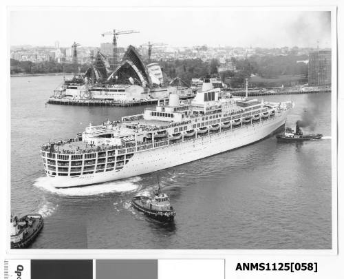 P&O liner ORIANA with three tugboats assisting her departure from Sydney Harbour and the unfinished Sydney Opera House in the background.