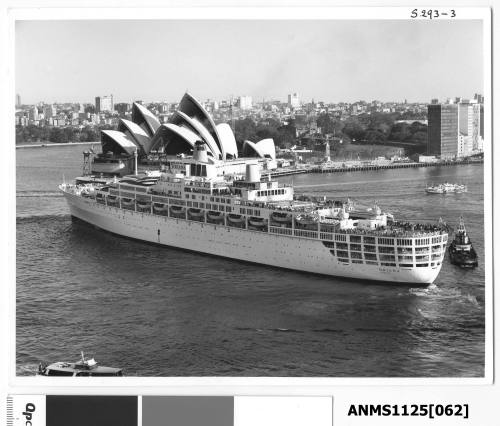 P&O liner ORIANA outward bound and about to pass the Sydney Opera House which is still under construction