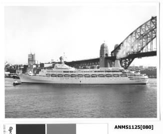 P&O liner CANBERRA departing Sydney Harbour assisted by a tugboat with an attached bow line