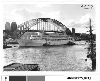 Black and white Passenger ships in Sydney Harbour by photographer Jack Richardson