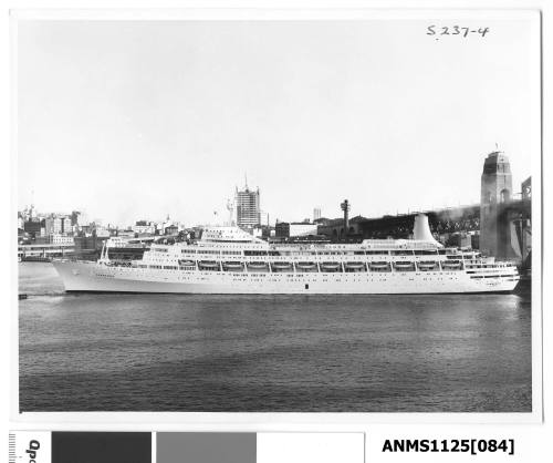 P&O passenger liner CANBERRA departing Sydney Harbour assisted by a tugboat