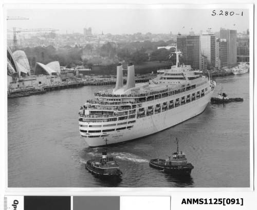 P&O liner CANBERRA being turned around for departure from Sydney assisted by tugboats WOONA and WILLARA