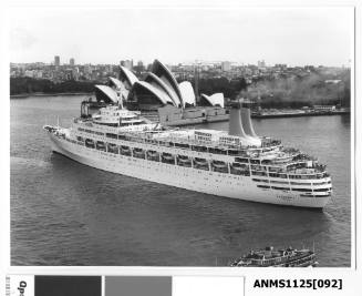 P&O liner CANBERRA about to depart Sydney with the nearly complete Sydney Opera House in the background