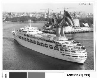 P&O liner CANBERRA preparing for departure with the Sydney Opera House (under construction) visible