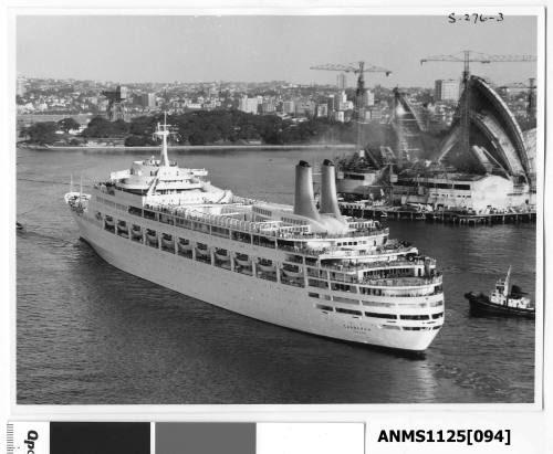 P&O liner CANBERRA departing Sydney assisted by tugboats with the Sydney Opera House (under construction) visible