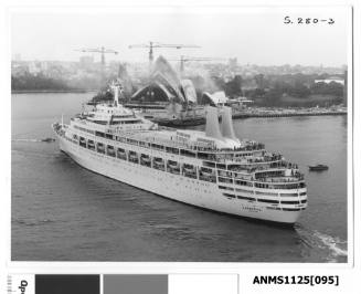 P&O liner CANBERRA preparing to depart Sydney with the Sydney Opera House and Government House visible