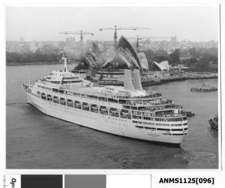 P&O liner CANBERRA completing her turn around at the entrance to Sydney Cove, with the nearly complete Sydney Opera House in the background